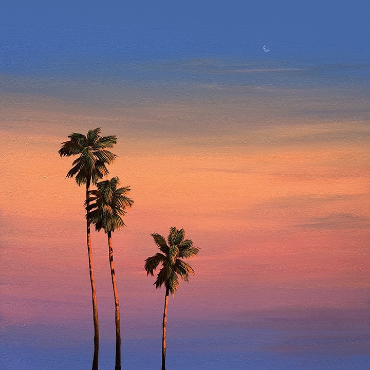 Kristin Moore Title: “Golden Hour Palms” Size: 61 x 61 cm Medium: Acrylic on canvas